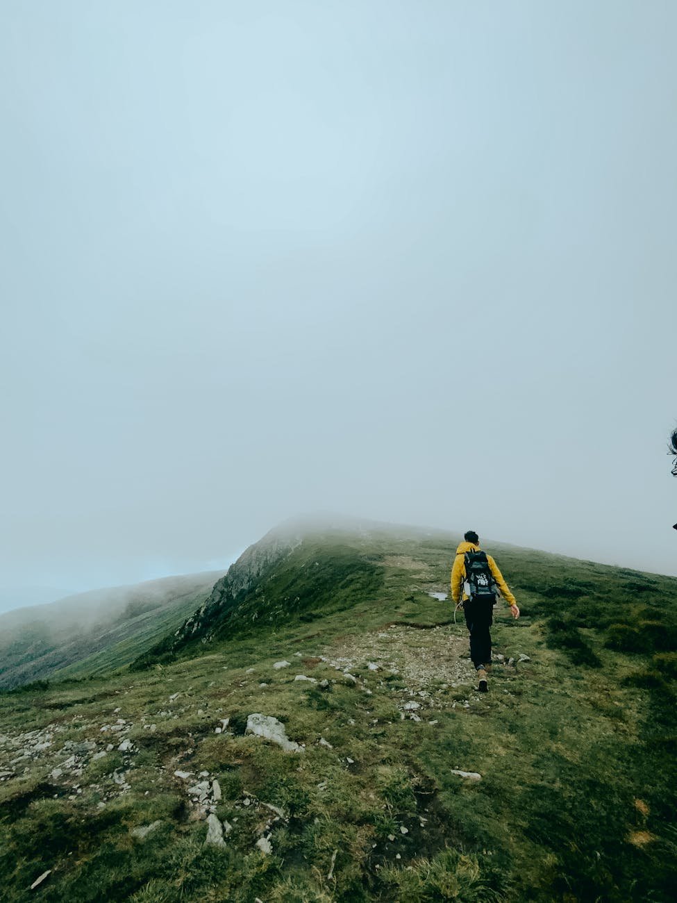 person in yellow jacket walking on green mountain during foggy weather