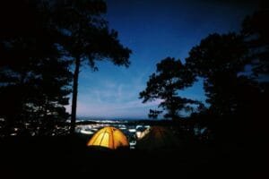 camping among trees with city behind at night